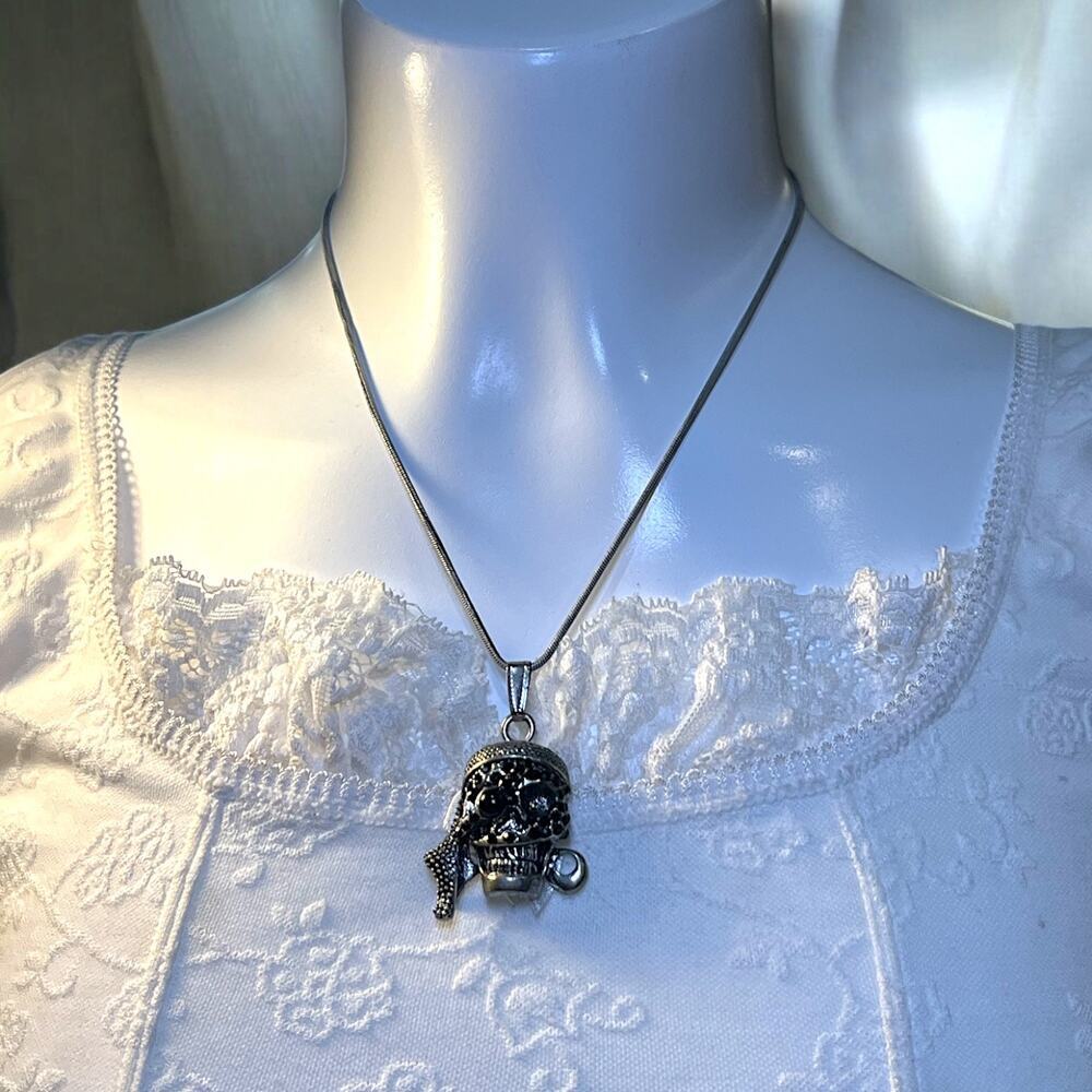 Stainless Steel + Black Rhinestone Pirate Skull Pendant Necklace